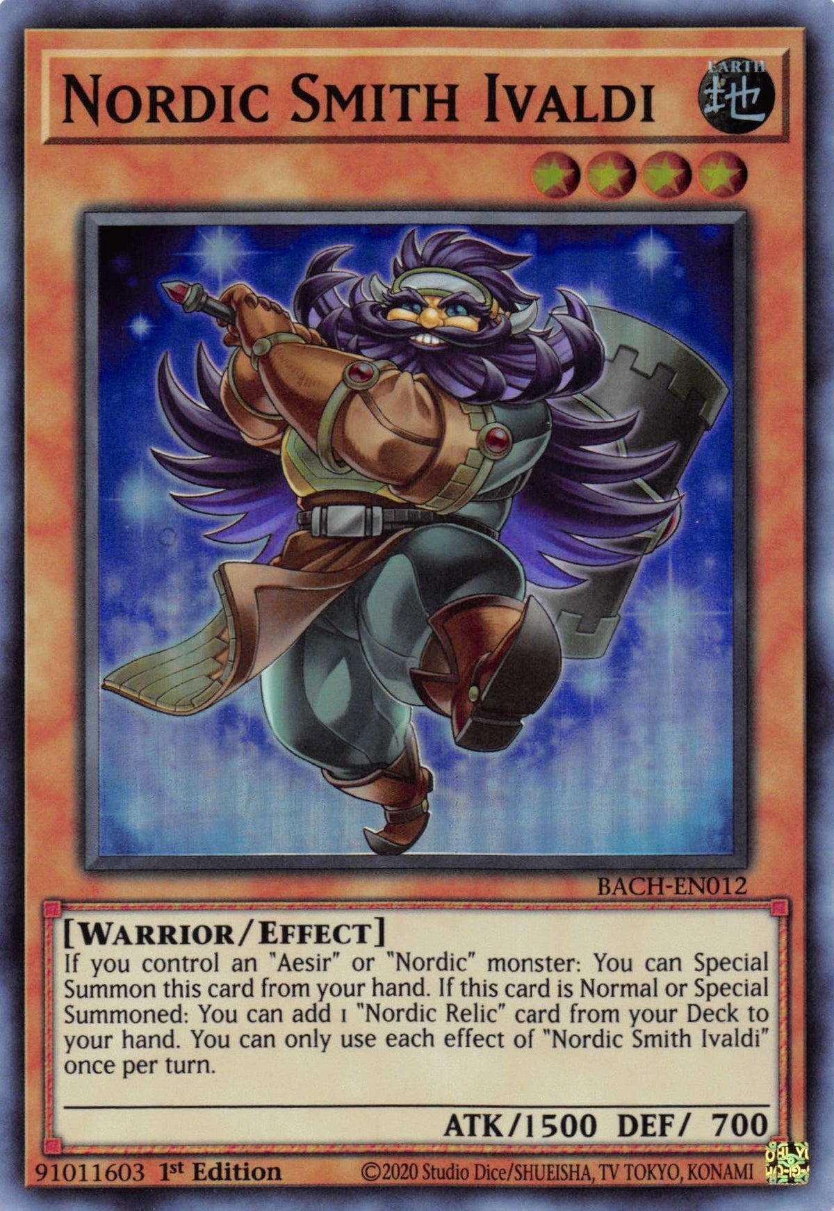1st Edition, Battle of Chaos, Earth, Effect Monster, Super Rare, Warrior Nordic Smith Ivaldi [BACH-EN012] Super Rare - Trading Card World