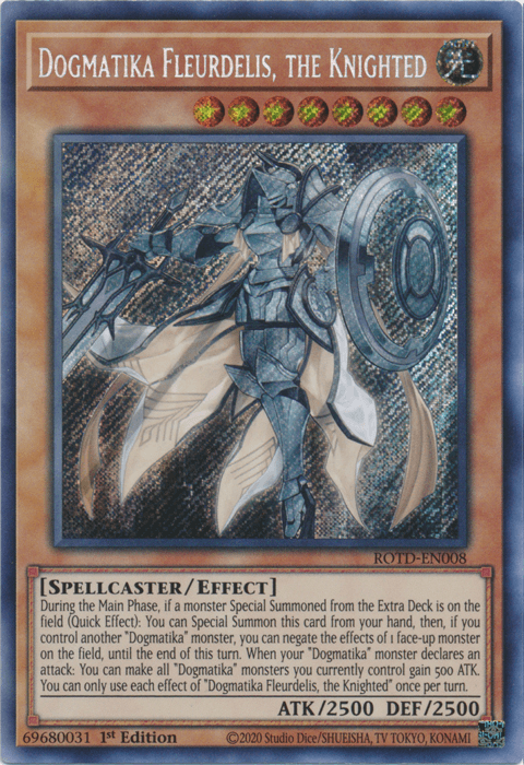 1st Edition, Effect Monster, Light, Rise of the Duelist, Secret Rare, Spellcaster Dogmatika Fleurdelis, the Knighted [ROTD-EN008] Secret Rare - Trading Card World