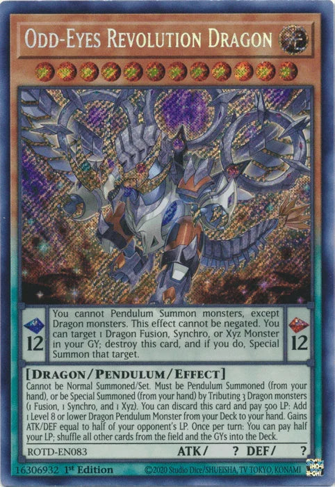 1st Edition, Dragon, Light, Pendulum/Effect Monster, Rise of the Duelist, Secret Rare Odd-Eyes Revolution Dragon [ROTD-EN083] Secret Rare - Trading Card World