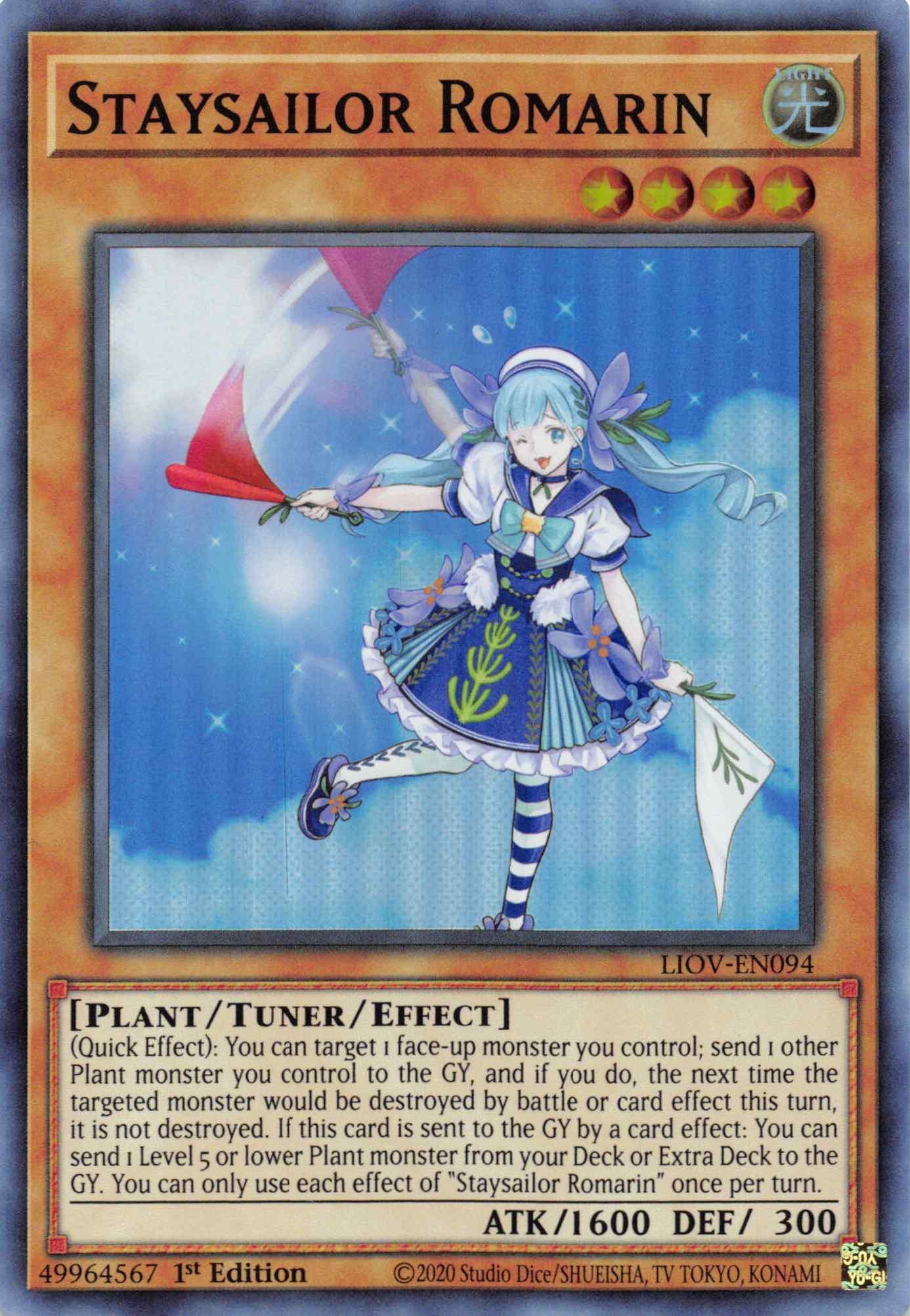 1st Edition, Light, Lightning Overdrive, Plant, Super Rare, Tuner/Effect Monster Staysailor Romarin [LIOV-EN094] Super Rare - Trading Card World