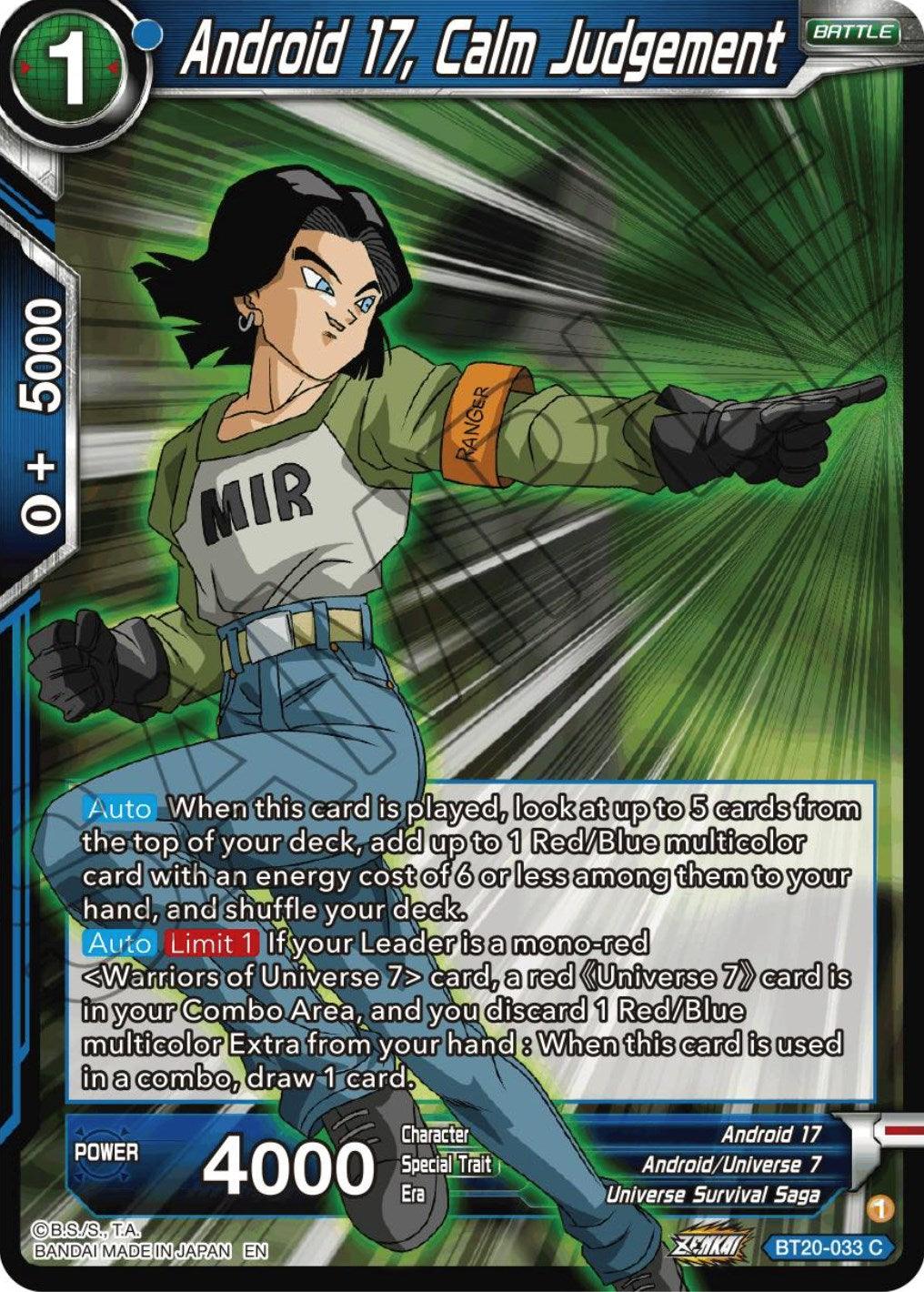 Android 17, Android/Universe 7, Battle, Blue, BT20-033, Common, Normal, Parallel Foil, Power Absorbed, Universe Survival Saga Android 17, Calm Judgement (BT20-033) [Power Absorbed] - Trading Card World
