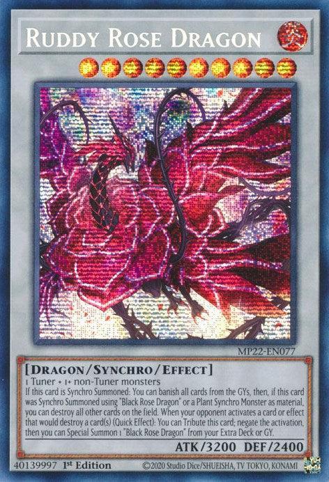 1st Edition, 2022 Tin of the Pharaoh's Gods, Dragon, Fire, Prismatic Secret Rare, Synchro/Effect Monster Ruddy Rose Dragon [MP22-EN077] Prismatic Secret Rare - Trading Card World