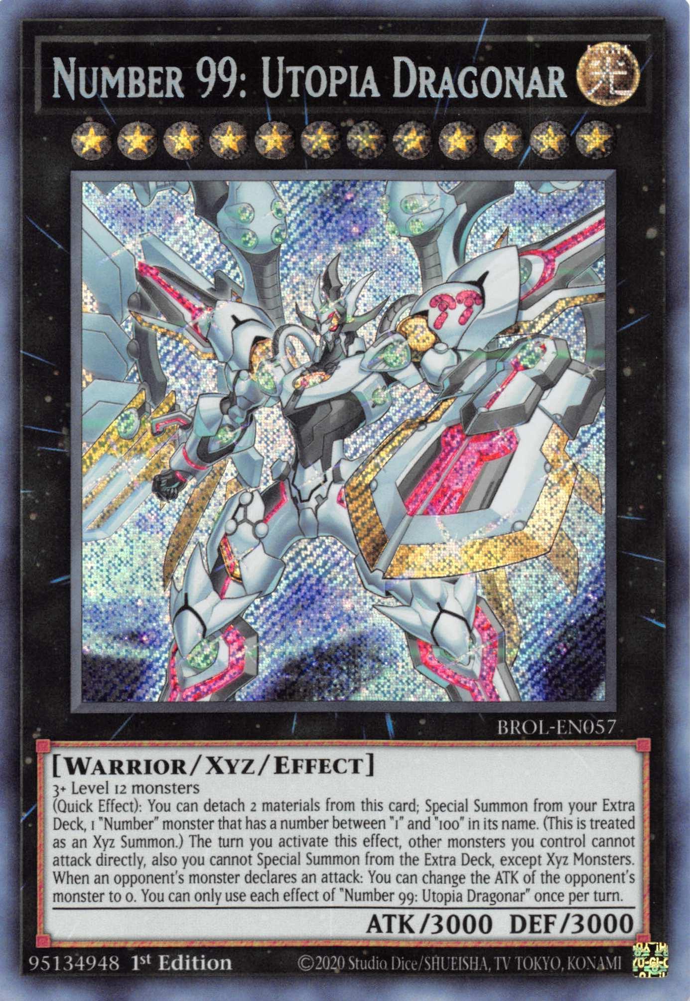 1st Edition, Brothers of Legend, Light, Secret Rare, Warrior, Xyz/Effect Monster Number 99: Utopia Dragonar [BROL-EN057] Secret Rare - Trading Card World
