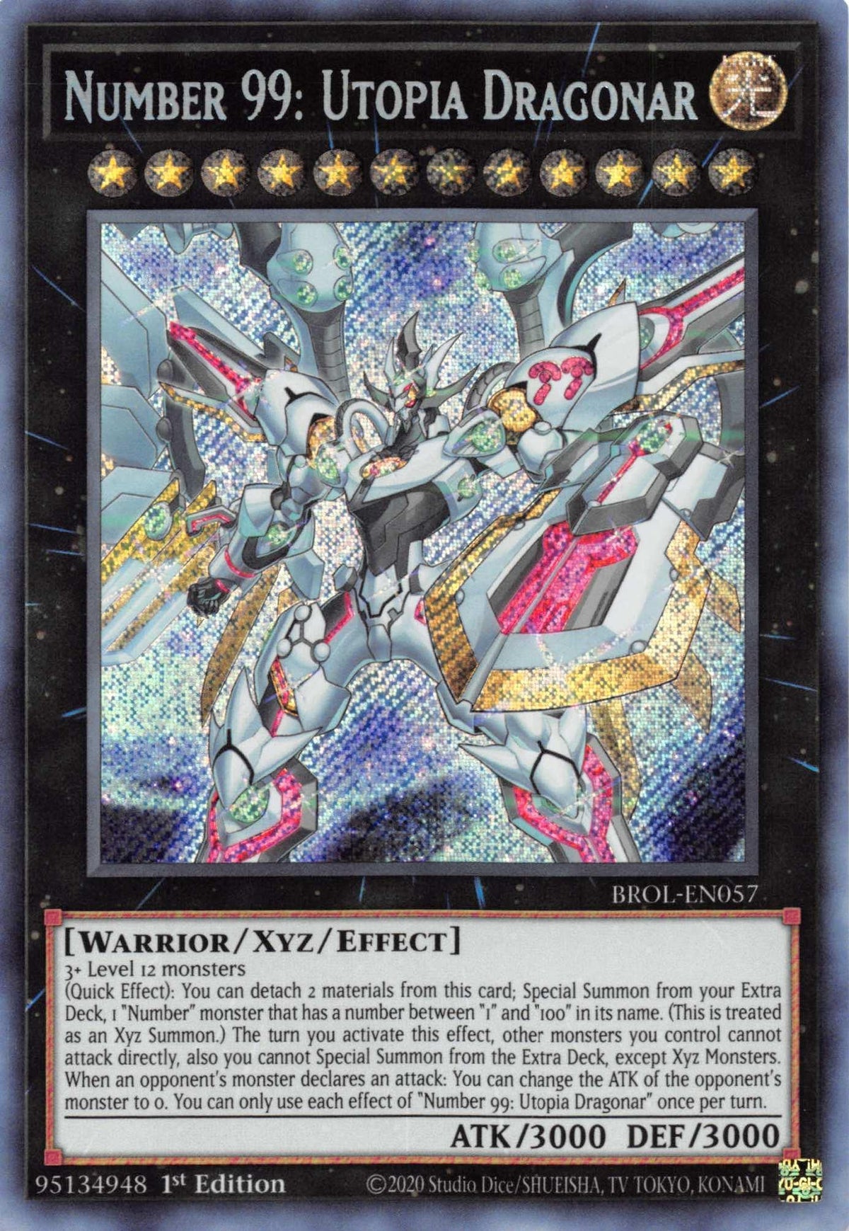 1st Edition, Brothers of Legend, Light, Secret Rare, Warrior, Xyz/Effect Monster Number 99: Utopia Dragonar [BROL-EN057] Secret Rare - Trading Card World