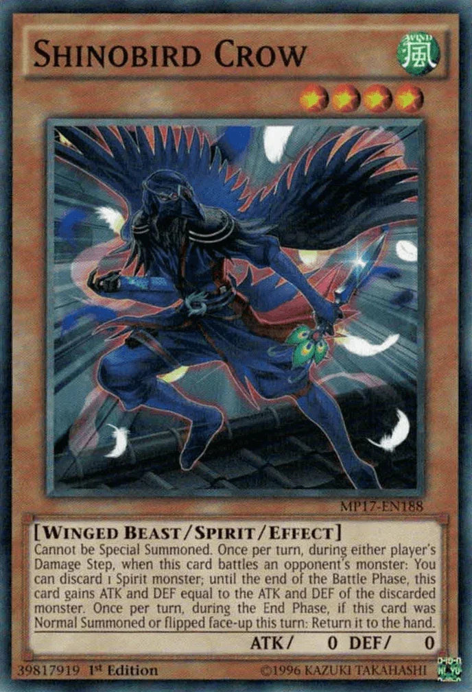 1st Edition, 2017 Mega-Tins Mega Pack, Common, Spirit/Effect Monster, Wind, Winged Beast Shinobird Crow [MP17-EN188] Common - Trading Card World