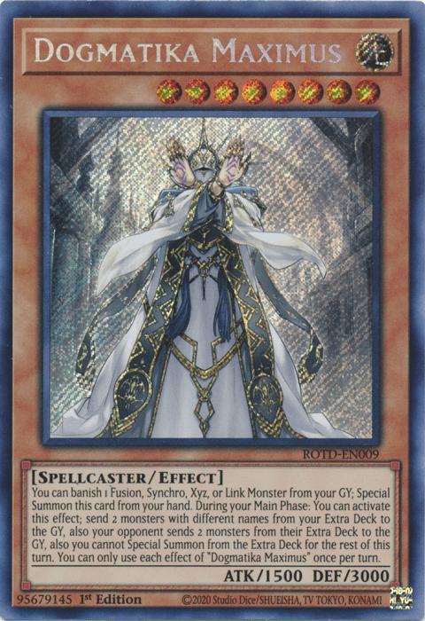 1st Edition, Effect Monster, Light, Rise of the Duelist, Secret Rare, Spellcaster Dogmatika Maximus [ROTD-EN009] Secret Rare - Trading Card World