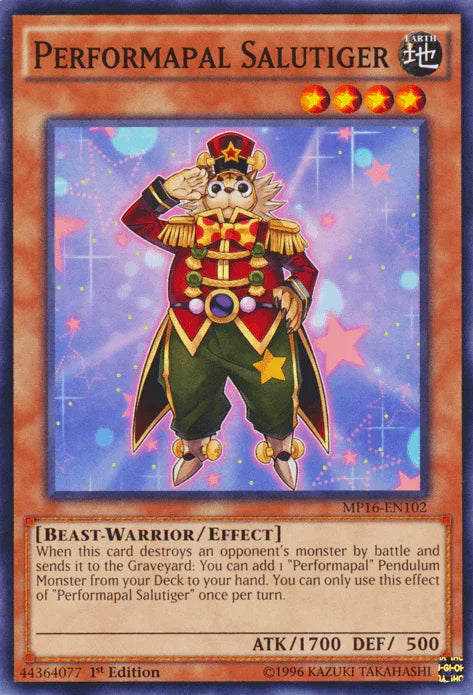 1st Edition, 2016 Mega-Tins Mega Pack, Beast-Warrior, Common, Earth, Effect Monster, Unlimited Performapal Salutiger [MP16-EN102] Common - Trading Card World