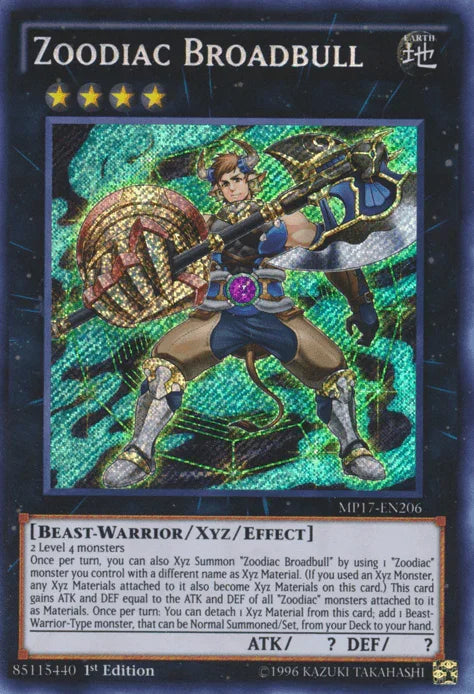 1st Edition, 2017 Mega-Tins Mega Pack, Beast-Warrior, Earth, Secret Rare, Xyz/Effect Monster Zoodiac Broadbull [MP17-EN206] Secret Rare - Trading Card World