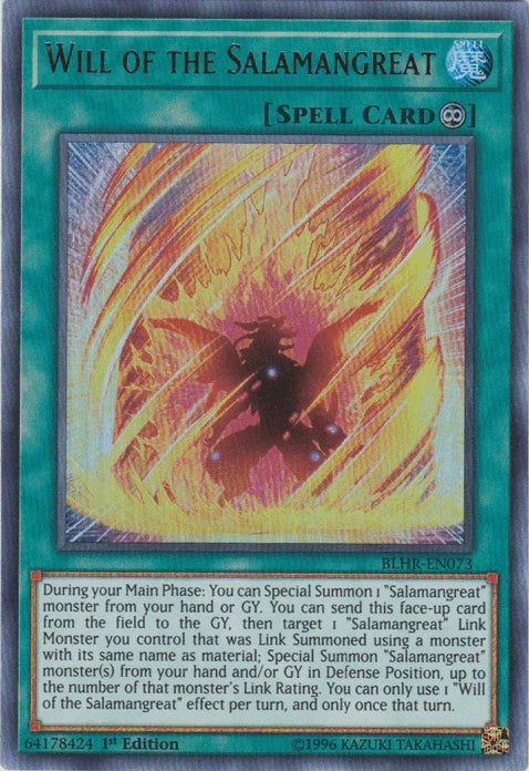 1st Edition, Battles of Legend: Hero's Revenge, Continuous Spell, Spell, Ultra Rare Will of the Salamangreat [BLHR-EN073] Ultra Rare - Trading Card World