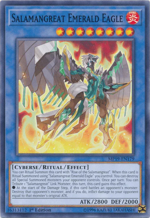 1st Edition, 2019 Gold Sarcophagus Tin Mega Pack, Common, Cyberse, Fire, Ritual/Effect Monster, Unlimited Salamangreat Emerald Eagle [MP19-EN179] Common - Trading Card World