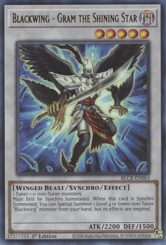 1st Edition, Battles of Legend: Crystal Revenge, Dark, Synchro/Effect Monster, Ultra Rare, Winged Beast Blackwing - Gram the Shining Star [BLCR-EN063] Ultra Rare - Trading Card World