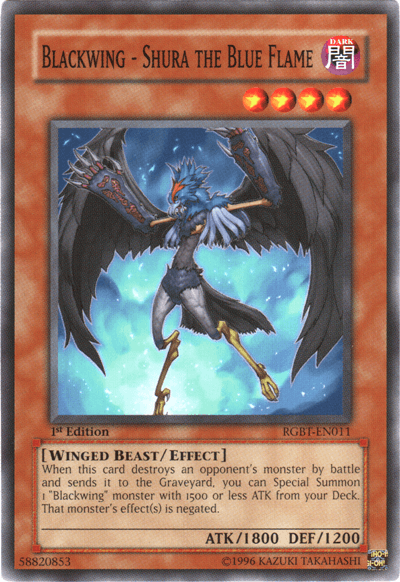 1st Edition, Common, Dark, Effect Monster, Raging Battle, Unlimited, Winged Beast Blackwing - Shura the Blue Flame [RGBT-EN011] Common - Trading Card World