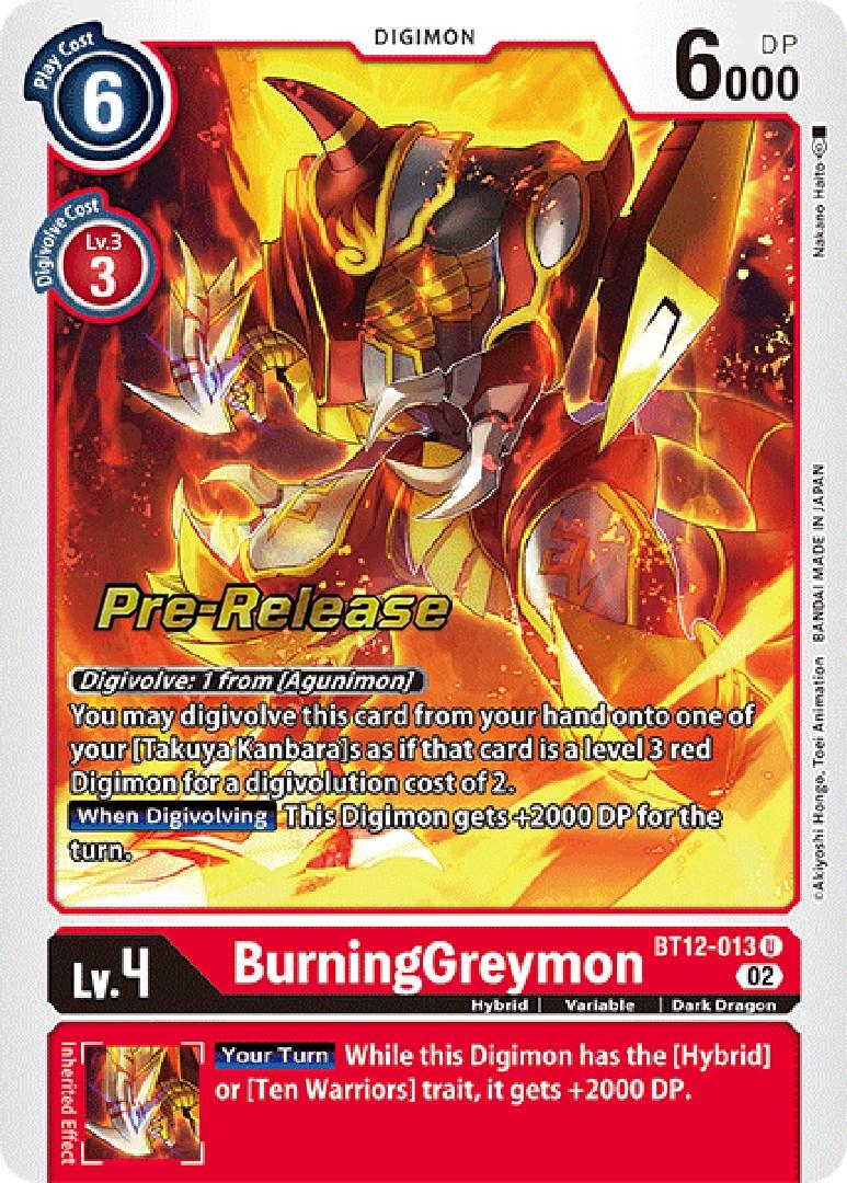 Across Time Pre-Release Cards, BT12-013, Dark Dragon, Digimon, Hybrid, Red, Uncommon, Variable BurningGreymon [BT12-013] [Across Time Pre-Release Cards] - Trading Card World