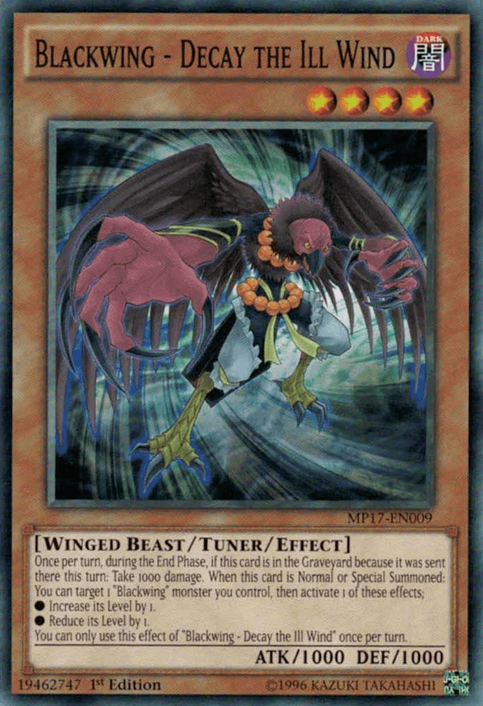1st Edition, 2017 Mega-Tins Mega Pack, Common, Dark, Tuner/Effect Monster, Winged Beast Blackwing - Decay the Ill Wind [MP17-EN009] Common - Trading Card World