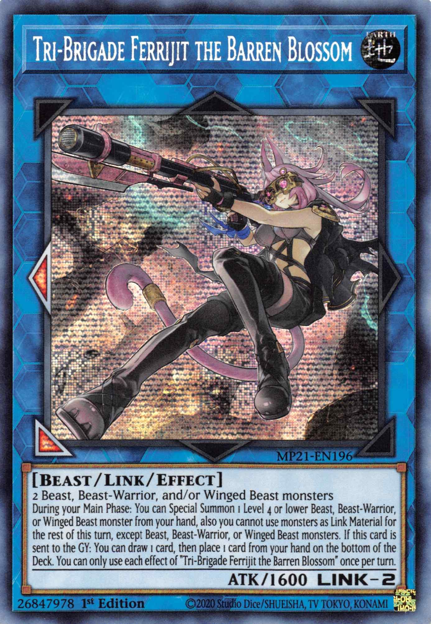 1st Edition, 2021 Tin of Ancient Battles, Beast, Earth, Link/Effect Monster, Prismatic Secret Rare Tri-Brigade Ferrijit the Barren Blossom [MP21-EN196] Prismatic Secret Rare - Trading Card World