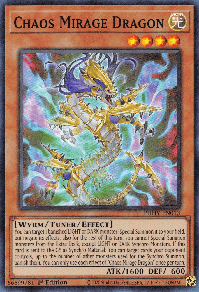 1st Edition, Light, Photon Hypernova, Super Rare, Tuner/Effect Monster, Wyrm Chaos Mirage Dragon [PHHY-EN013] Super Rare - Trading Card World