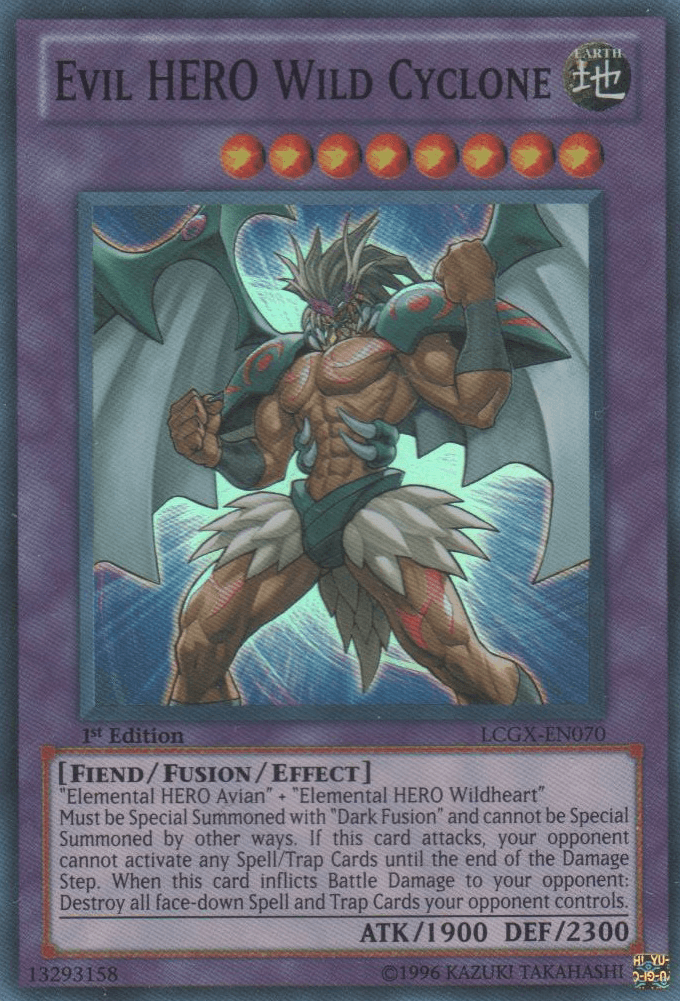 1st Edition, Earth, Fiend, Fusion/Effect Monster, Legendary Collection 2, Super Rare, Unlimited Evil HERO Wild Cyclone [LCGX-EN070] Super Rare - Trading Card World