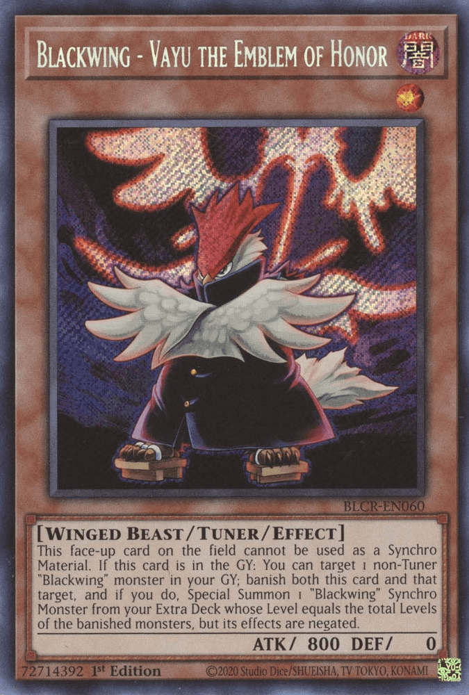 1st Edition, Battles of Legend: Crystal Revenge, Dark, Secret Rare, Tuner/Effect Monster, Winged Beast Blackwing - Vayu the Emblem of Honor [BLCR-EN060] Secret Rare - Trading Card World