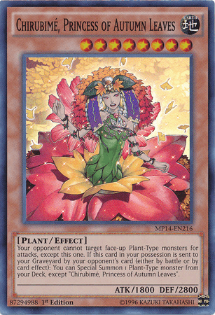1st Edition, 2014 Mega-Tins Mega Pack, Earth, Effect Monster, Plant, Super Rare Chirubime, Princess of Autumn Leaves [MP14-EN216] Super Rare - Trading Card World