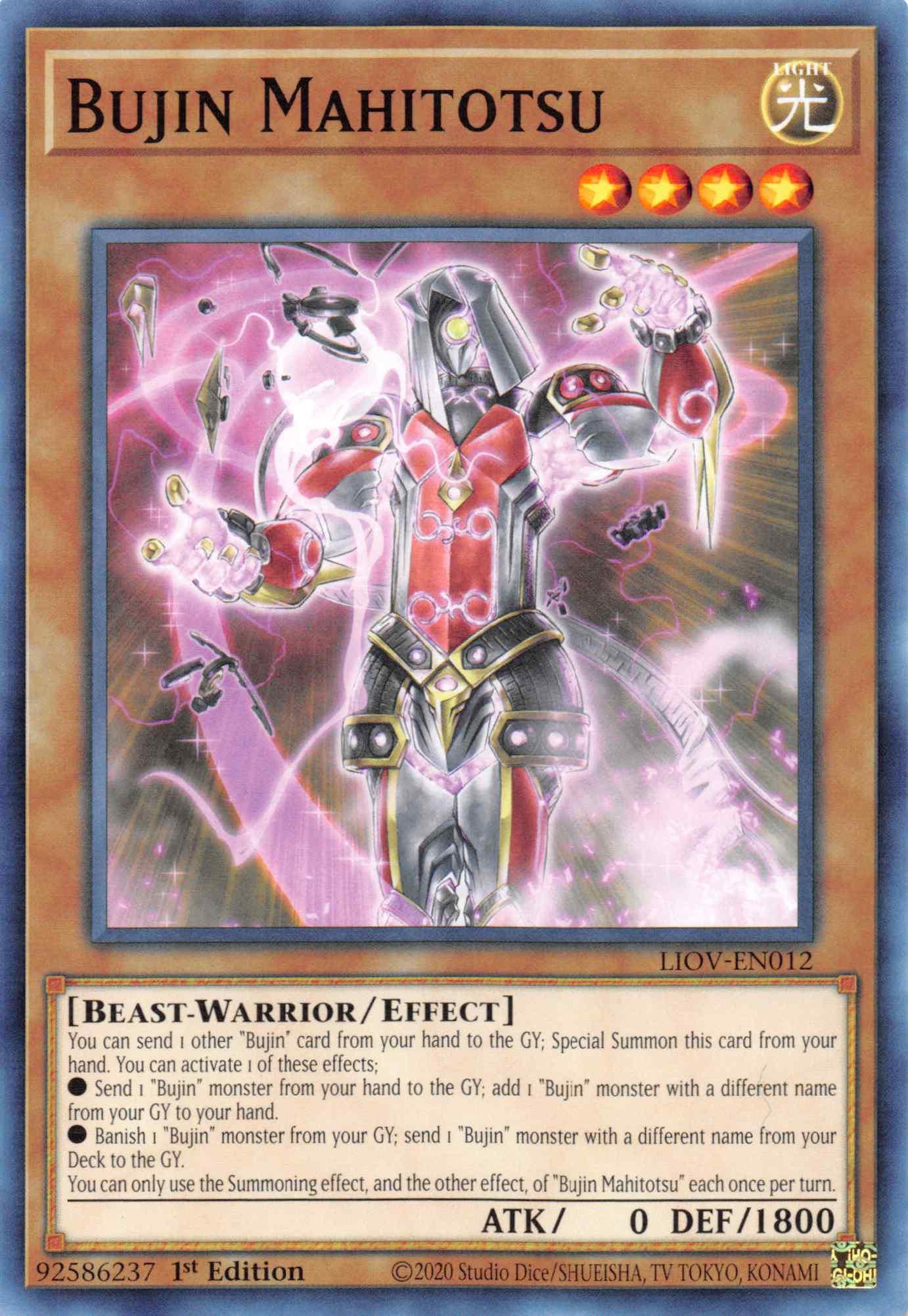 1st Edition, Beast-Warrior, Common, Effect Monster, Light, Lightning Overdrive Bujin Mahitotsu [LIOV-EN012] Common - Trading Card World