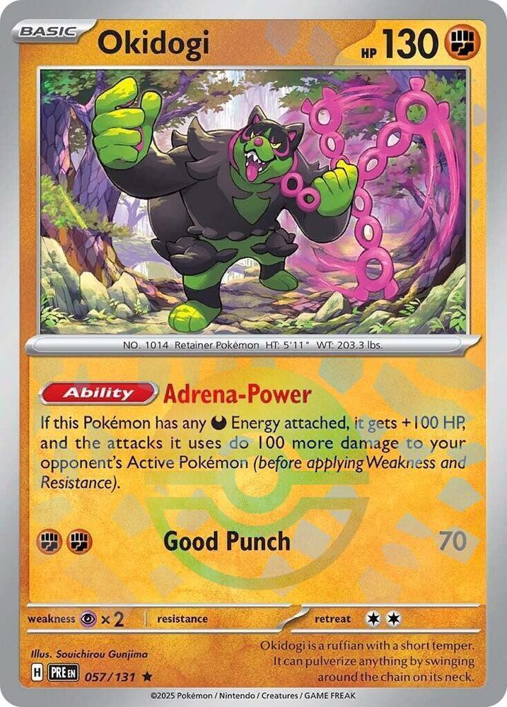 057, Fighting, Holofoil, Psychic [x2], Rare, Scarlet & Violet: Prismatic Evolutions Okidogi (057/131) (Poke Ball Pattern) [Scarlet & Violet: Prismatic Evolutions] - Trading Card World