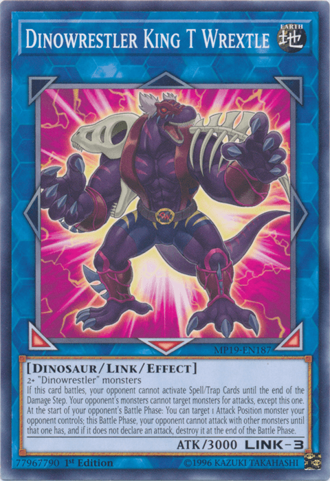 1st Edition, 2019 Gold Sarcophagus Tin Mega Pack, Common, Dinosaur, Earth, Link/Effect Monster, Unlimited Dinowrestler King T Wrextle [MP19-EN187] Common - Trading Card World