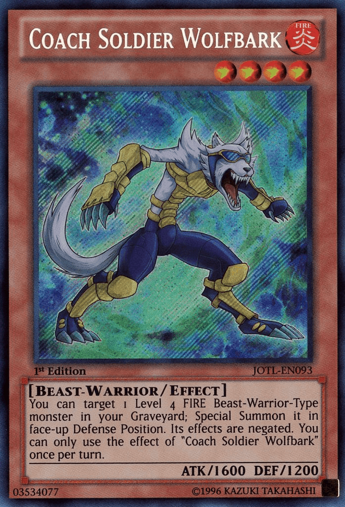 1st Edition, Beast-Warrior, Effect Monster, Fire, Judgment of the Light, Secret Rare, Unlimited Coach Soldier Wolfbark [JOTL-EN093] Secret Rare - Trading Card World