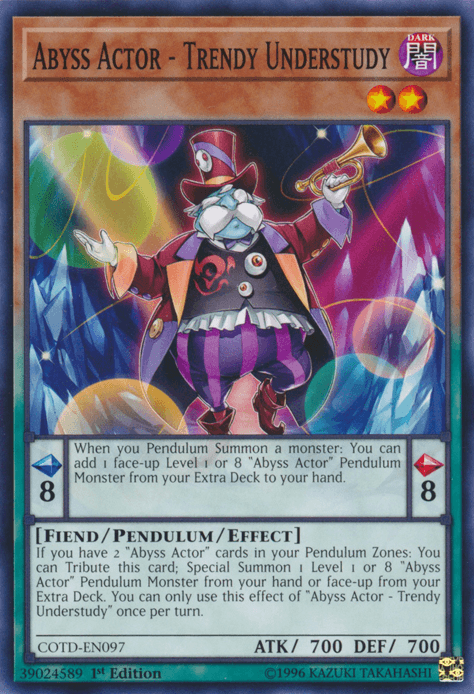 1st Edition, Code of the Duelist, Common, Dark, Fiend, Pendulum/Effect Monster, Unlimited Abyss Actor - Trendy Understudy [COTD-EN097] Common - Trading Card World