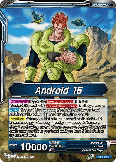 Android, Android 16, Android Cell Saga, Battle Evolution Booster, Blue, Common, EB1-12, Leader, Normal, Parallel Foil Android 16 // Android 16, Bottomless Inferno (EB1-12) [Battle Evolution Booster] - Trading Card World