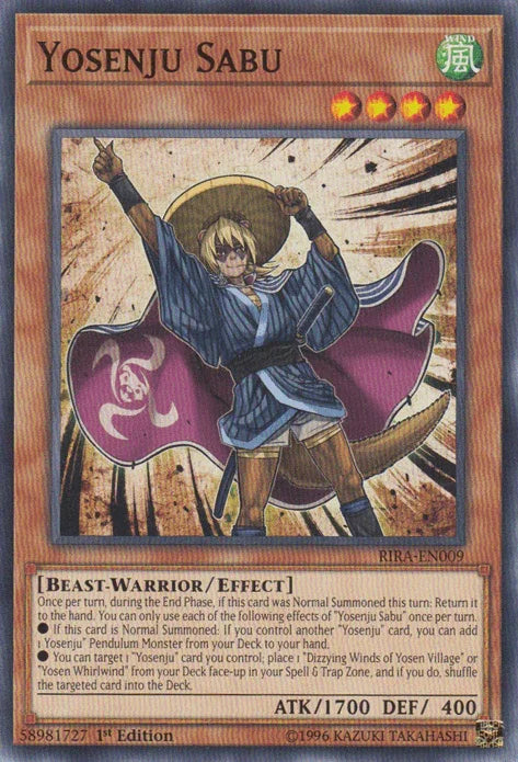 1st Edition, Beast-Warrior, Common, Effect Monster, Rising Rampage, Unlimited, Wind Yosenju Sabu [RIRA-EN009] Common - Trading Card World