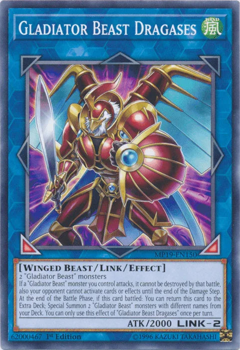 1st Edition, 2019 Gold Sarcophagus Tin Mega Pack, Common, Link/Effect Monster, Unlimited, Wind, Winged Beast Gladiator Beast Dragases [MP19-EN150] Common - Trading Card World