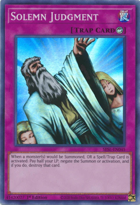 1st Edition, Counter Trap, Secret Slayers, Super Rare, Trap Solemn Judgment [SESL-EN045] Super Rare - Trading Card World