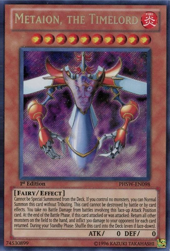 1st Edition, Effect Monster, Fairy, Fire, Photon Shockwave, Secret Rare, Unlimited Metaion, the Timelord [PHSW-EN098] Secret Rare - Trading Card World