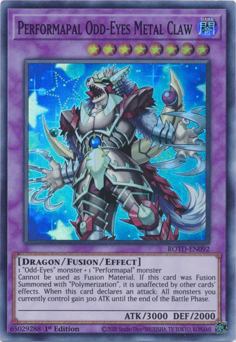 1st Edition, Dark, Dragon, Fusion/Effect Monster, Rise of the Duelist, Super Rare Performapal Odd-Eyes Metal Claw [ROTD-EN092] Super Rare - Trading Card World