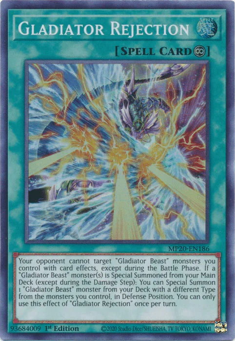 1st Edition, 2020 Tin of Lost Memories, Continuous Spell, Spell, Super Rare Gladiator Rejection [MP20-EN186] Super Rare - Trading Card World