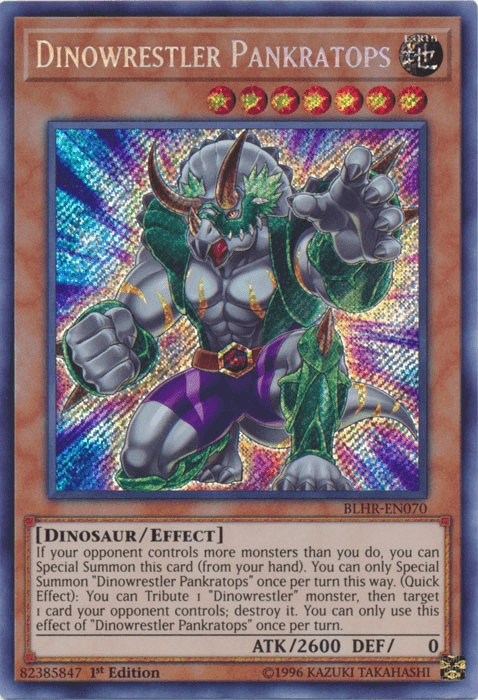 1st Edition, Battles of Legend: Hero's Revenge, Dinosaur, Earth, Effect Monster, Secret Rare Dinowrestler Pankratops [BLHR-EN070] Secret Rare - Trading Card World