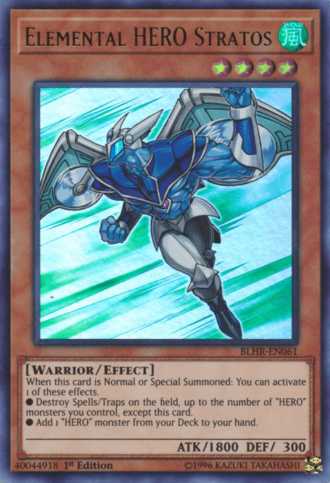 1st Edition, Battles of Legend: Hero's Revenge, Effect Monster, Ultra Rare, Warrior, Wind Elemental Hero Stratos [BLHR-EN061] Ultra Rare - Trading Card World