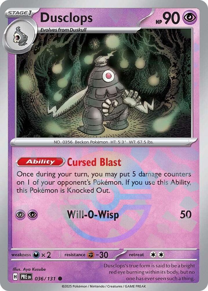 036, Common, Darkness [x2], Fighting [-30], Holofoil, Psychic, Scarlet & Violet: Prismatic Evolutions Dusclops (036/131) (Poke Ball Pattern) [Scarlet & Violet: Prismatic Evolutions] - Trading Card World