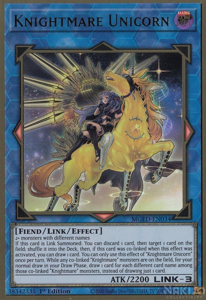 1st Edition, Dark, Fiend, Gold Rare, Link/Effect Monster, Maximum Gold: El Dorado Knightmare Unicorn (Alternate Art) [MGED-EN034] Gold Rare - Trading Card World