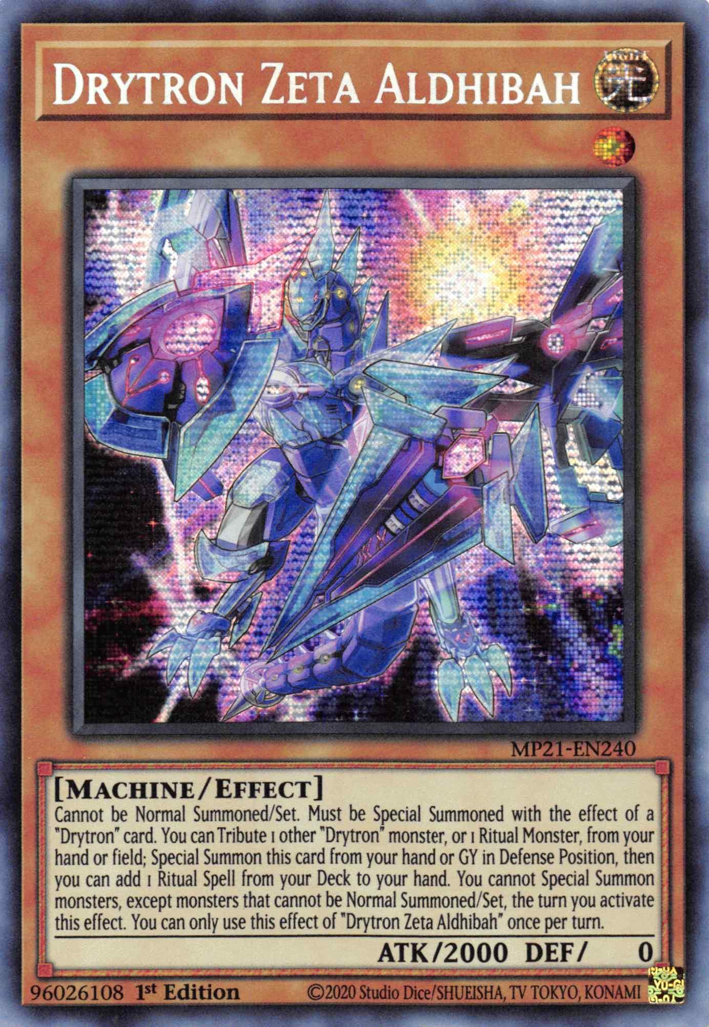 1st Edition, 2021 Tin of Ancient Battles, Effect Monster, Light, Machine, Prismatic Secret Rare Drytron Zeta Aldhibah [MP21-EN240] Prismatic Secret Rare - Trading Card World