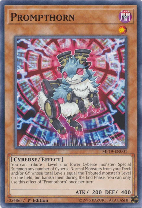 1st Edition, 2019 Gold Sarcophagus Tin Mega Pack, Common, Cyberse, Dark, Effect Monster, Unlimited Prompthorn [MP19-EN001] Common - Trading Card World