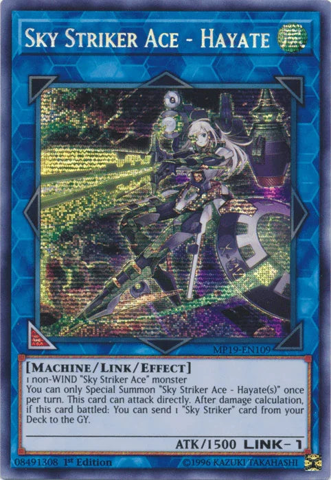 1st Edition, 2019 Gold Sarcophagus Tin Mega Pack, Link/Effect Monster, Machine, Prismatic Secret Rare, Unlimited, Wind Sky Striker Ace - Hayate [MP19-EN109] Prismatic Secret Rare - Trading Card World