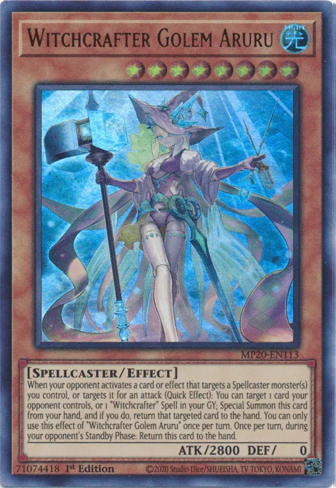 1st Edition, 2020 Tin of Lost Memories, Effect Monster, Light, Spellcaster, Ultra Rare Witchcrafter Golem Aruru [MP20-EN113] Ultra Rare - Trading Card World