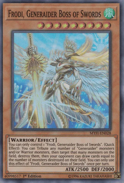 1st Edition, Effect Monster, Mystic Fighters, Super Rare, Warrior, Wind Frodi, Generaider Boss of Swords [MYFI-EN028] Super Rare - Trading Card World