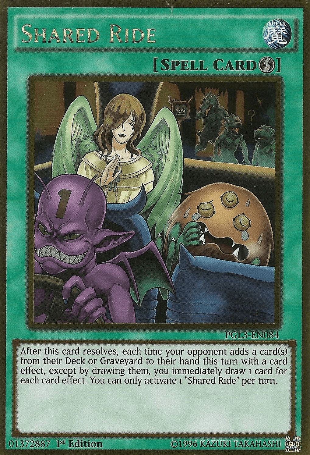 1st Edition, Gold Rare, Premium Gold: Infinite Gold, Quick Play Spell, Spell Shared Ride [PGL3-EN084] Gold Rare - Trading Card World