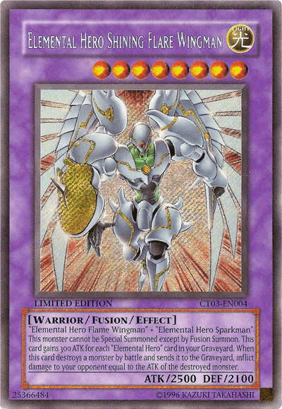 2006 Collectors Tin, Fusion/Effect Monster, Light, Limited, Secret Rare, Warrior Elemental HERO Shining Flare Wingman [CT03-EN004] Secret Rare - Trading Card World