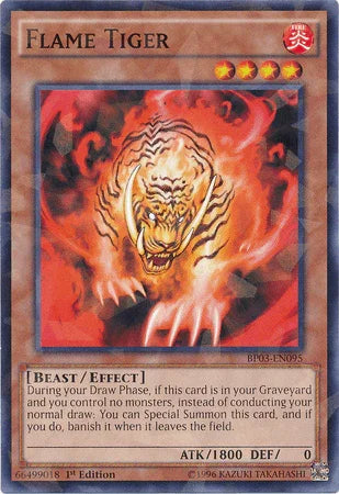 1st Edition, Battle Pack 3: Monster League, Beast, Effect Monster, Fire, Shatterfoil Rare Flame Tiger [BP03-EN095] Shatterfoil Rare - Trading Card World