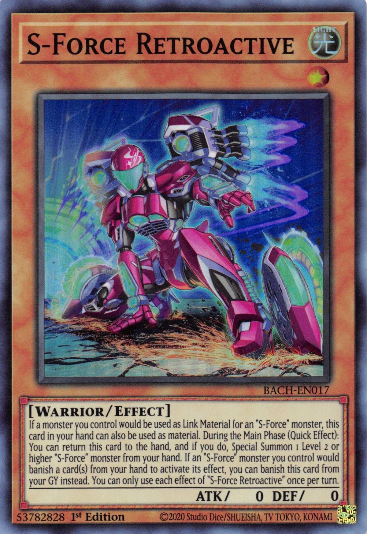 1st Edition, Battle of Chaos, Effect Monster, Light, Super Rare, Warrior S-Force Retroactive [BACH-EN017] Super Rare - Trading Card World