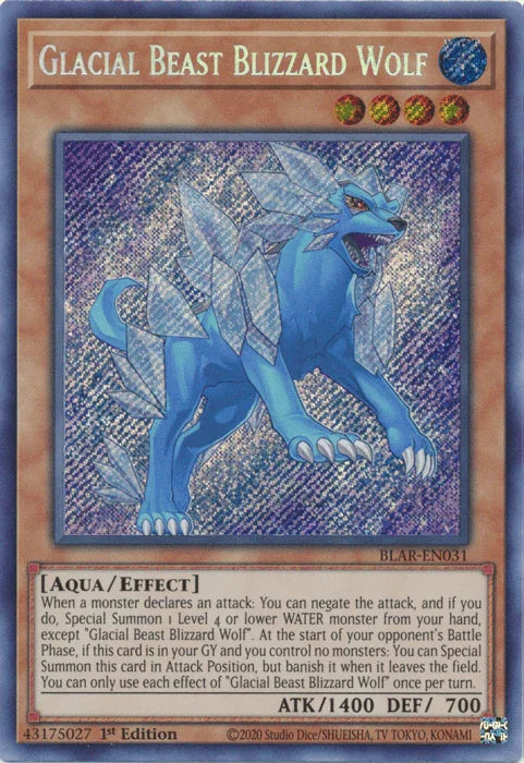 1st Edition, Aqua, Battles of Legend: Armageddon, Effect Monster, Secret Rare, Water Glacial Beast Blizzard Wolf [BLAR-EN031] Secret Rare - Trading Card World