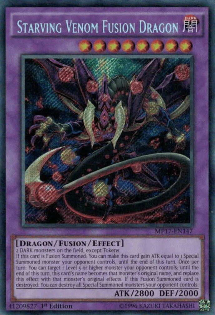 1st Edition, 2017 Mega-Tins Mega Pack, Dark, Dragon, Fusion/Effect Monster, Secret Rare Starving Venom Fusion Dragon [MP17-EN147] Secret Rare - Trading Card World
